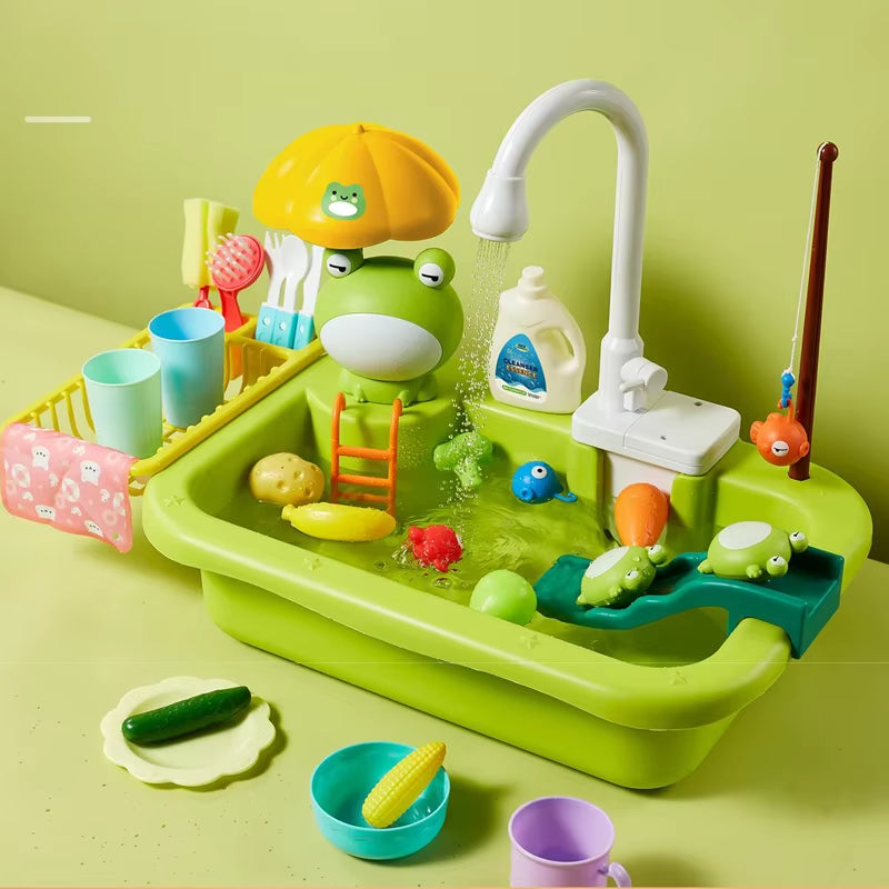 Kids Kitchen Sink Toys Electric Dishwasher Playing Toy with Running Water Pretend Play Food Fishing Toy Role Playing Girls Gift